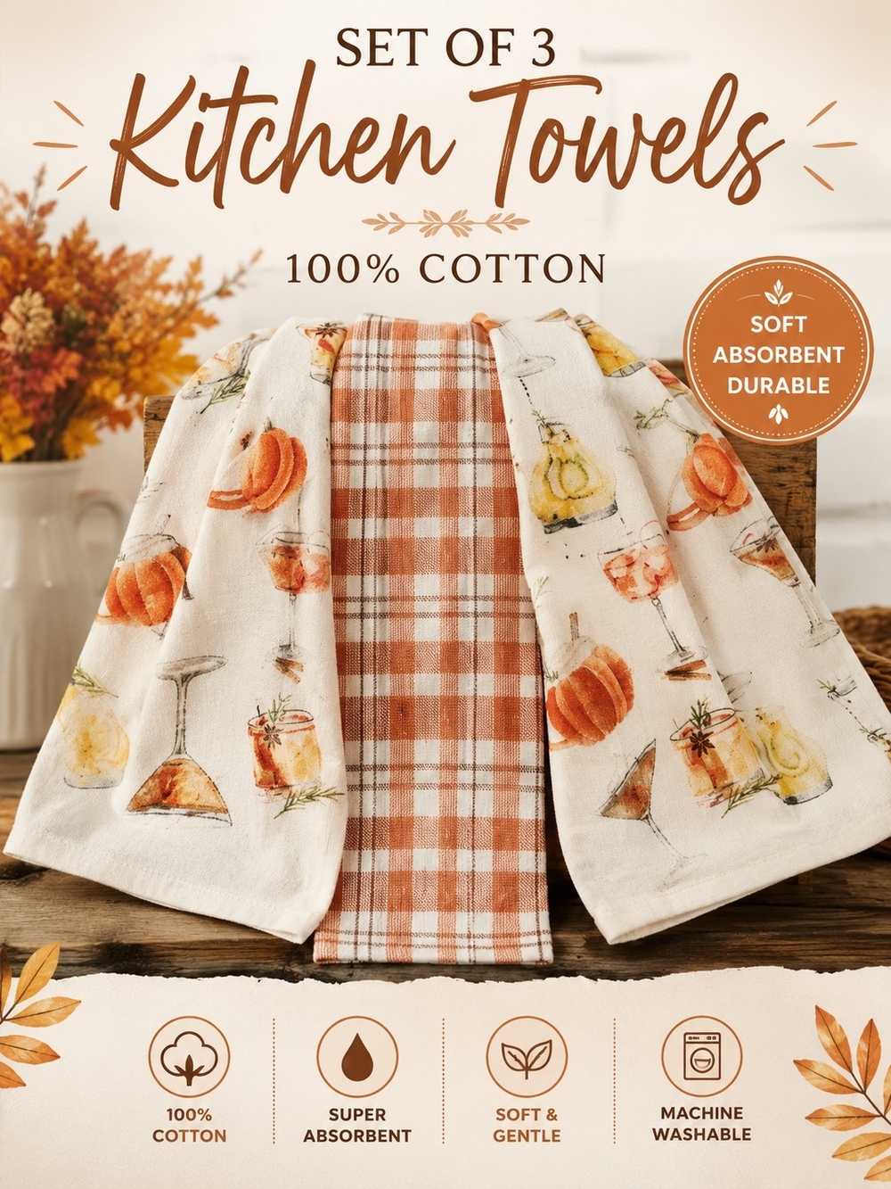 Set of 3 Autumn Pumpkin Cotton Kitchen Towels - Orange & Cream